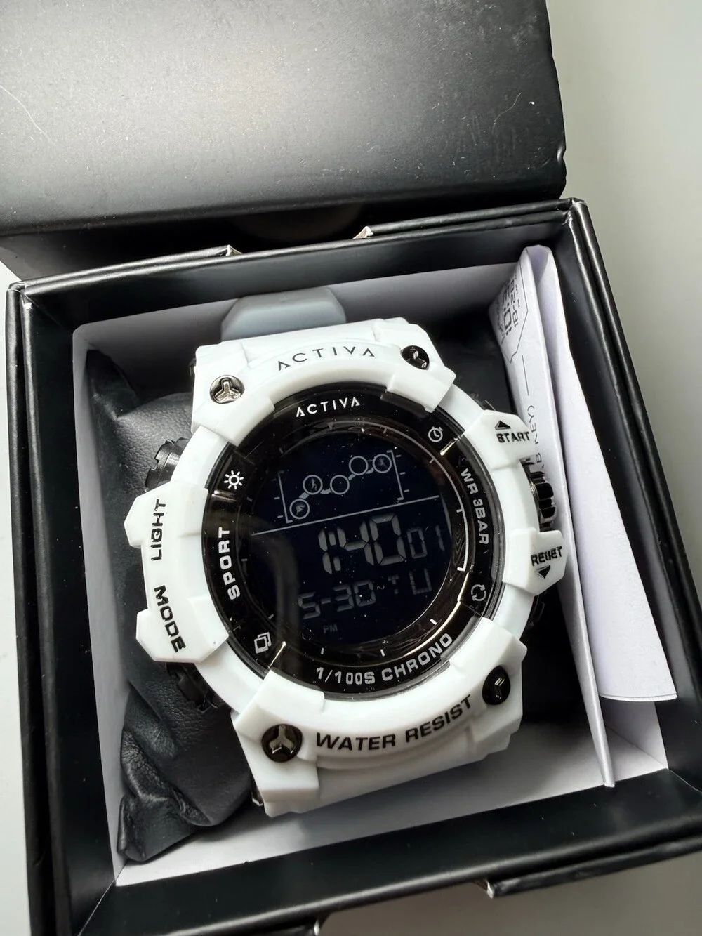 ACTIVA Digital Sport Watch Chronograph Backlight 3 BAR White Resin Strap Box